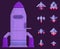 Rocket on dark purple background. Combat aircraft for alien transportation near lined up rockets