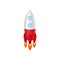 Rocket with engine fire. Space ship with two round windows. Big gray-red flying spacecraft. Flat vector for mobile or