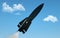 Rocket in flight on blue sky background. Military missile in flight against the sky. warhead, atomic bomb, chemical