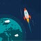 Rocket flight in space near earth orbit vector illustration, rocketship spaceship flying around planet in universe