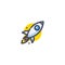 Rocket flying up icon. Colorful cartoon ship launch. Innovation product logo. Business aspiration strategy vector