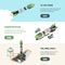 Rocket launch cosmodrome horizontal isometric banner. Preparation of shuttle testing flight systems necessary delivery