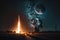 rocket launch in the dead of night, with starry sky and silhouetted moon visible