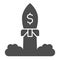 Rocket launch with dollar solid icon. Space ship, business project startup symbol, glyph style pictogram on white