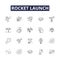 Rocket launch line vector icons and signs. Rocket, Liftoff, Ignition, Propulsion, Ascent, Flight, Deployment, Countdown