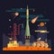Rocket launch on space landscape background. Vector illustration in flat design. Planets, satellite, stars, moon rover, comets, mo