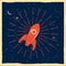 Rocket launch startup rocket retro poster with vintage colors and grunge effect. Vector, illustration, isolated