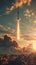 Rocket Launch At Sunset, Dramatic Clouds. Human Space Flight. Space Travel. Vertical. AI Generated