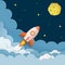 Rocket launch to the Moon. Cute space background with stars, moon, rocket, clouds, smoke. Night sky background with flying rocket.