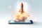 Rocket launching from smartphone, illustration of innovation