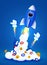 Rocket launching with smoke, likes and social media icons. Marketing boost concept