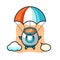 Rocket mascot cartoon is skydiving with happy gesture