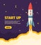 Rocket new start up illustration. Take off spaceship from launch pad star new business project successfully starting