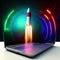 Rocket  popping out of laptop screen, startup concept, background with neon lights. Generative AI