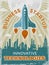 Rocket retro poster. Business startup concept with shuttle or spaceship vintage creative space 40s vector placard