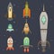 Rocket ship in cartoon style. New Businesses Innovation Development Flat Design Icons Template. Space ships