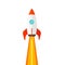 Rocket ship flying isolated on white background vector illustration, flat cartoon design of rocketship launch, missile