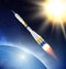 Rocket in space. Flying jet rocket in cosmos stratosphere with big futuristic planets and stars decent vector realistic