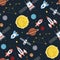 Rocket space globe solar system and planet cosmos sky seamless pattern background illustration.