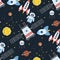 Rocket space globe solar system and planet cosmos sky seamless pattern background illustration.