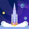 Rocket takeoff, landing flat vector illustration. Cosmos exploration program, space expedition, interstellar travel