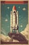 Rocket takeoff in retro style. Vintage space rocket start with fire and smoke.