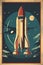 Rocket takeoff in retro style. Vintage space rocket start with fire and smoke.