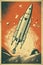 Rocket takeoff in retro style. Vintage space rocket start with fire and smoke. Generated AI.