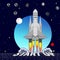 The rocket takes off from the spaceport with the inscription Start up. Color illustration with images of cryptocurrencies and