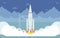 Rocket taking off flat vector illustration. Spaceship takeoff testing, space exploration program, interstellar