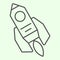 Rocket thin line icon. Cosmic space ship flying with fire outline style pictogram on white background. Exploration and