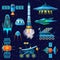 Rocket vector spaceship or spacecraft and satellite or lunar-rover illustration set of spaced ship in universe space