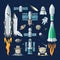 Rocket vector spaceship or spacecraft and satellite or lunar-rover illustration spacy set of spaced ship in universe