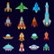 Rocket vector spaceship or spacecraft and spacy ufo illustration set of spaced ship or rocketship flying in universe