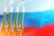 Rockets background Russian Federation of Russia flag. Treaty on the Elimination of Intermediate-range and Shorter-range