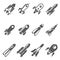 Rockets bold black silhouette icons set isolated on white. Spaceship, flying spacecraft pictograms.