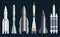 Rockets realistic. Cosmos spaceships for expedition rocket launch missles exploring universe decent vector pictures