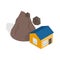 Rockfall destroys house icon, isometric 3d style