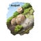 Rockfall digital art illustration of natural disaster. Falling down stones from mountain, blockage of road, rocks