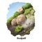 Rockfall digital art illustration of natural disaster. Falling down stones from mountain, blockage of road, rocks