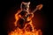 rocking cat on electric guitar, with smoke and flames in the background