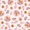 Rocking horses and toy cars on the pink background. Seamless pattern for children fabric design or nursery wallpaper. Vector illus