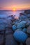 Rocks on the beach over seacoast skyline, natural landscape background. Peggys Cove, Halifax, Nova Scotia, Canada