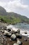 Rocks on a black sand beach in Faja D\'Agua