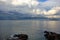 Rocks, black sea and beautiful sky with cumulonimbus clouds