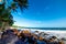 Rocks and blue sea in Grande Anse beach in Guadeloupe