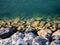 Rocks of a Cantabrian sea port wall at low tide with dry, wet and underwater rocks