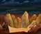 Rocks cliffs stone. Night dark sky. Landscape mountainous. Natural land desert. Cartoon style illustration. Vector.