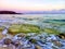 Rocks covered with algae on eroded ocean beach at colorful sunrise