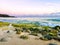 Rocks covered with algae on eroded ocean beach at colorful sunrise